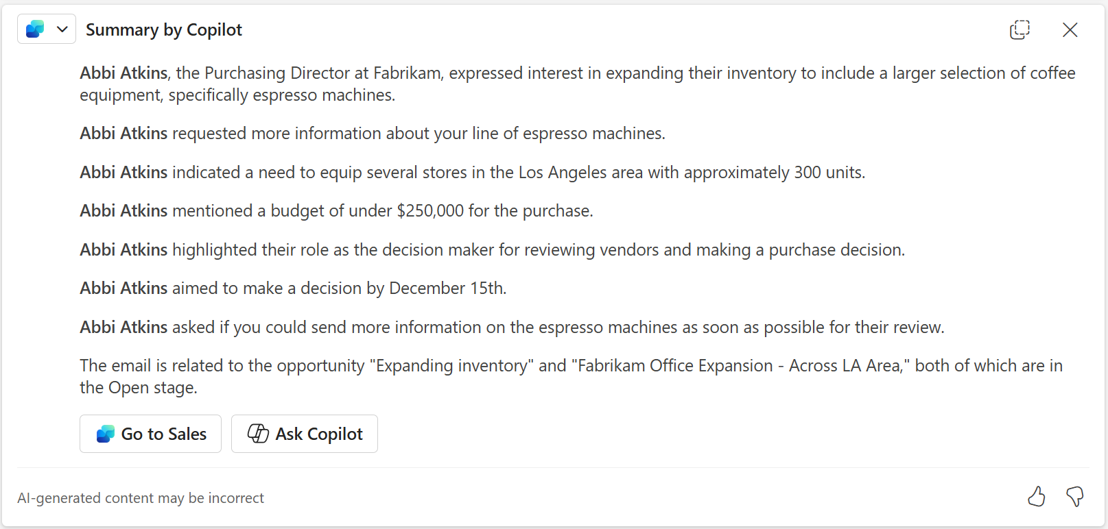 Screenshot of an email summary in Outlook on the web with account and opportunity details added.