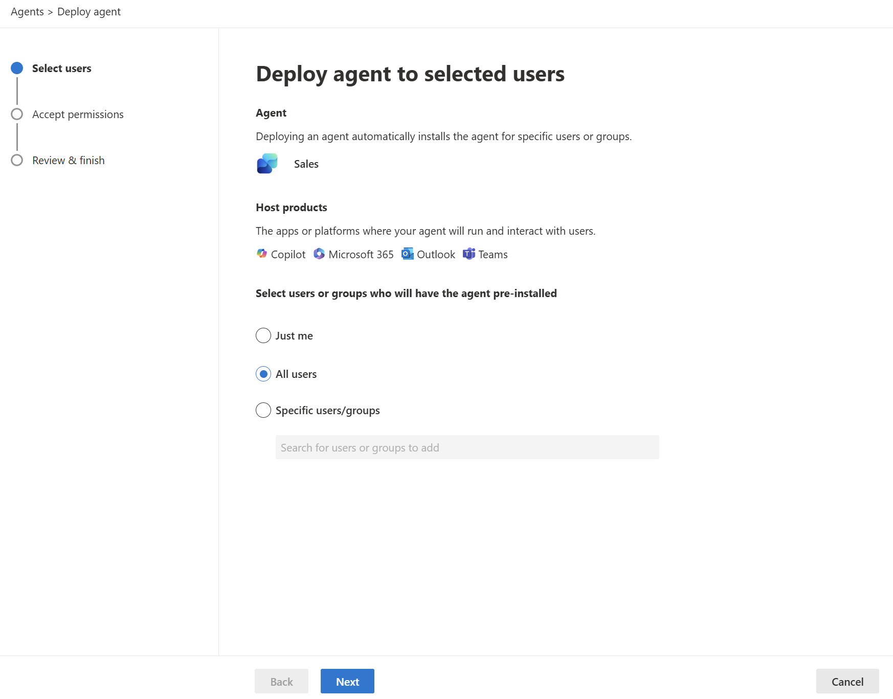 Screenshot of the Select users step in the Sales agent deployment process.