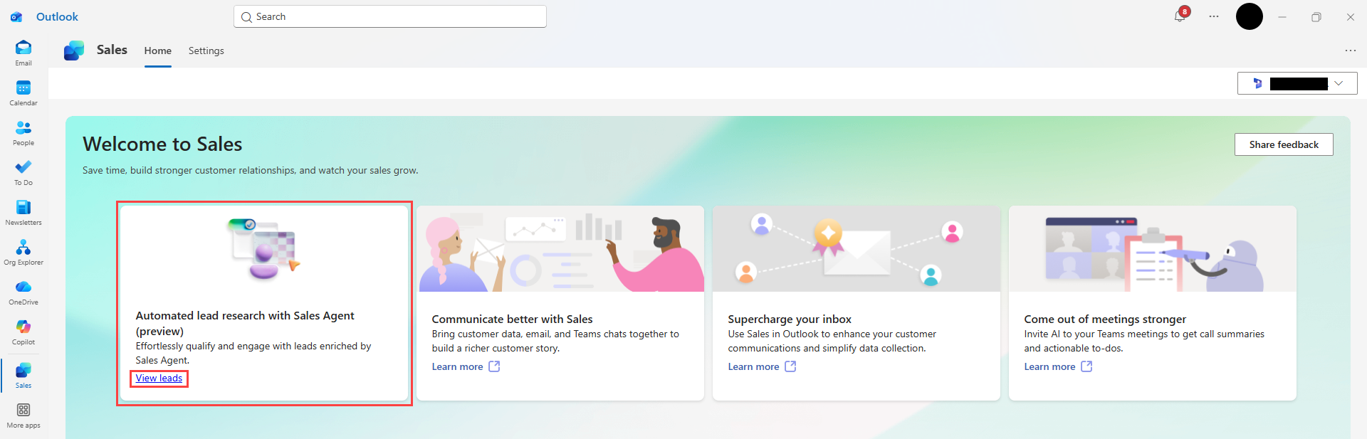Screenshot showing home page of Sales personal app with card for the Lead Research and Outreach.