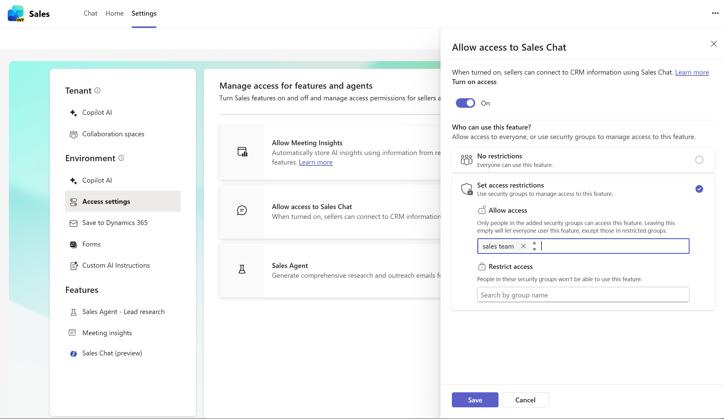 Screenshot showing Sales agent access settings.
