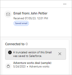 Screenshot of the Connected to card in the Sales app, showing that an email saved to Salesforce was truncated.