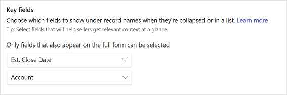 Screenshot showing how to select key fields for mini view in the Sales app. Screenshot showing how to select key fields for mini view in the Sales app.