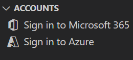 Screenshot shows the Sign in to Microsoft 365 and Azure option under ACCOUNTS in Agents Toolkit for Visual Studio Code.