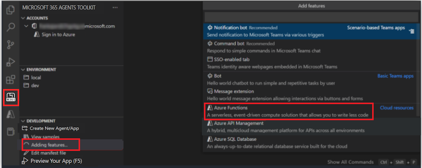 Screenshot shows the selection of Azure Functions.