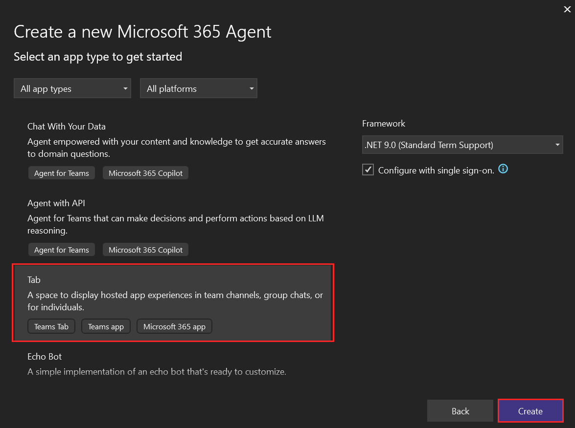 Screenshot of Create a new Teams application with Tab and Create options highlighted in red.