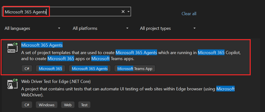 Screenshot shows the selection of templates to create a new project.