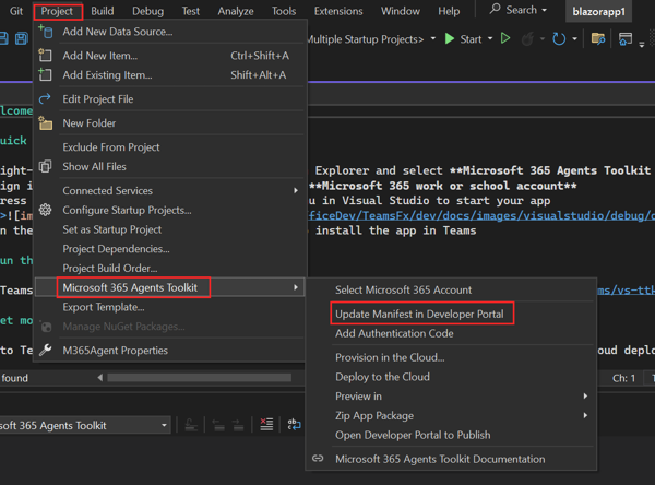 Screenshot shows update app manifest in teams developer portal.