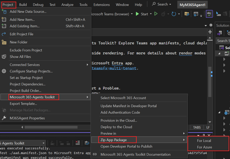 Screenshot shows the zip app package for local or Azure.
