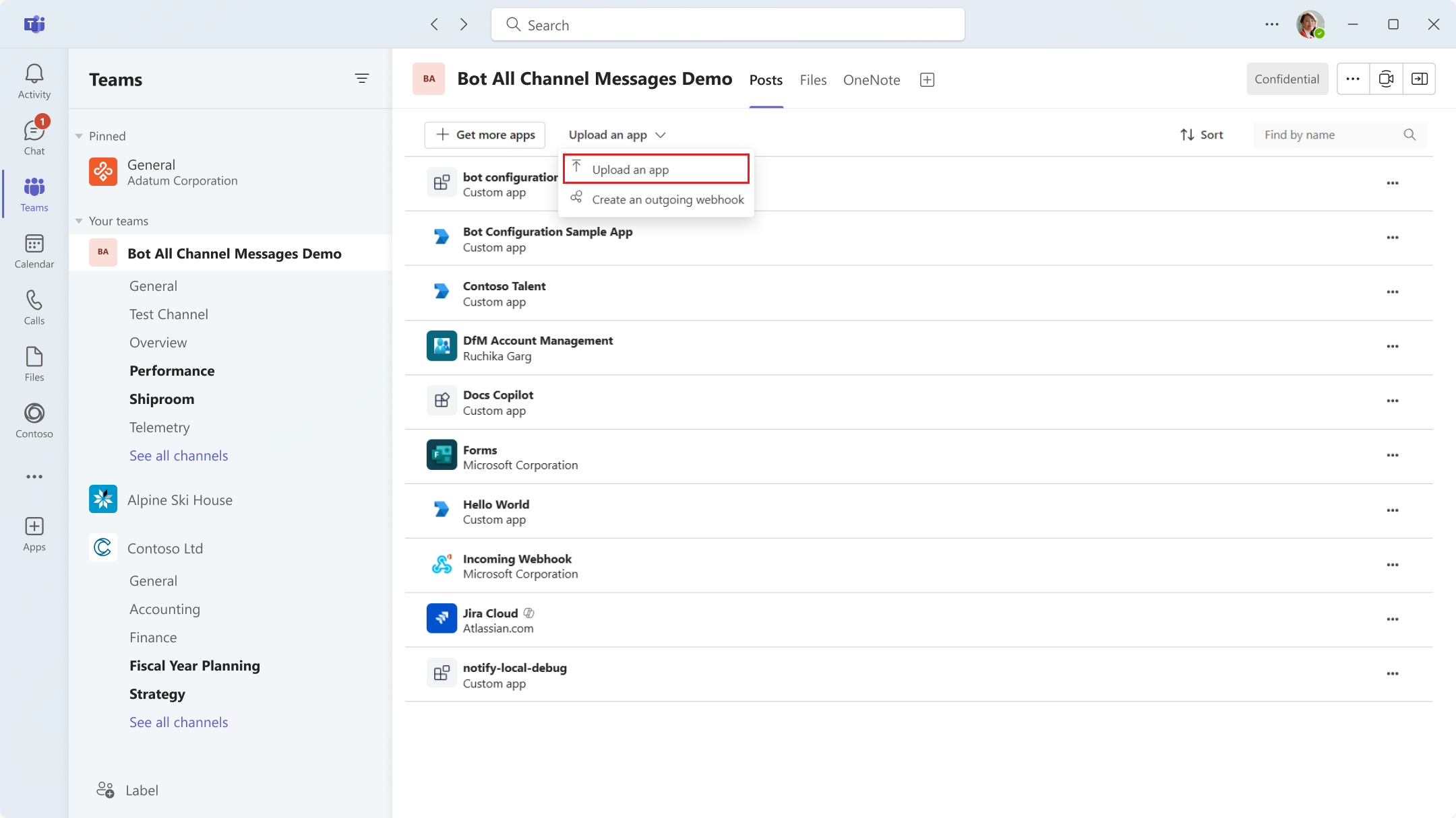 Screenshot shows the Upload a custom app option.