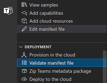 Agents Toolkit 'Validate manifest file' option under 'Deployment' menu