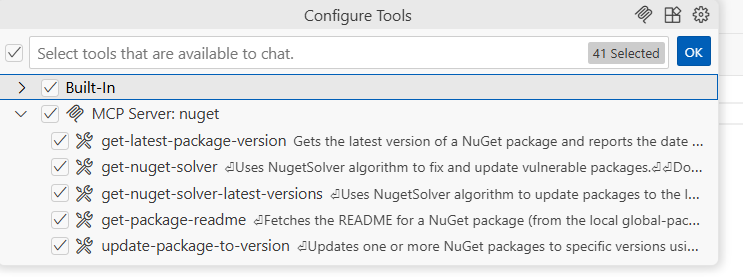 GitHub Copilot Chat Tools window in VS Code