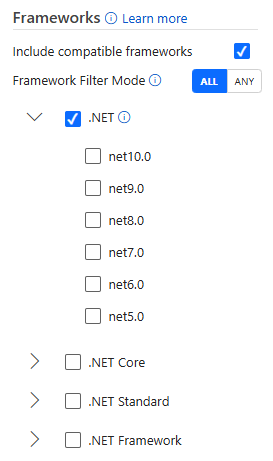 Screenshot that shows the framework filters on nuget.org. Under the expanded .NET framework, frameworks from .NET 5.0 to .NET 10.0 are listed.