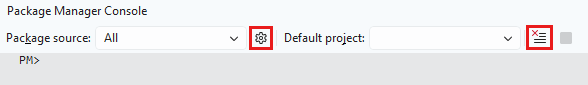 Screenshot of the Package Manager Console window. Near the top, two icons are highlighted. One shows a gear. The other shows output lines and a red X.