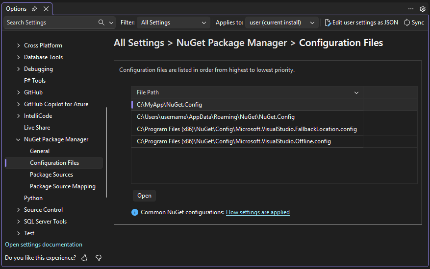Configuration files page of NuGet options with the Open button highlighted