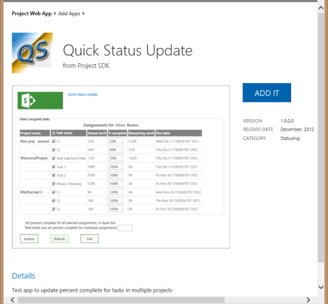 Adding the QuickStatus app to Project Web App Adding the QuickStatus app to Project Web App