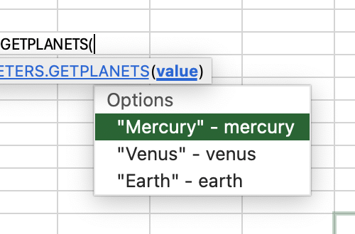 The members of a custom enum displaying in the Excel AutoComplete menu.