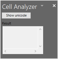 The Cell Analyzer VSTO add-in running in Excel with the 'Show unicode' button and empty Result section.