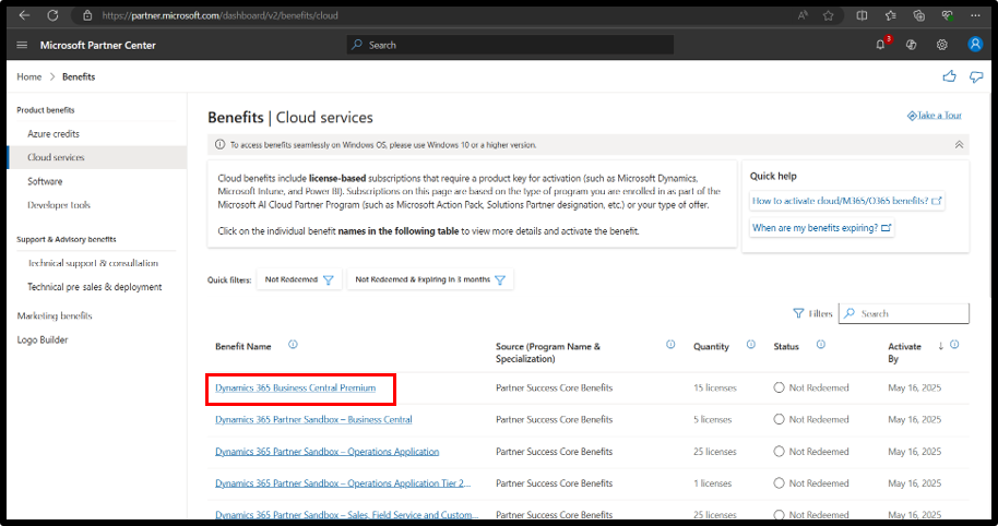 Screenshot that shows the cloud subscriptions page.