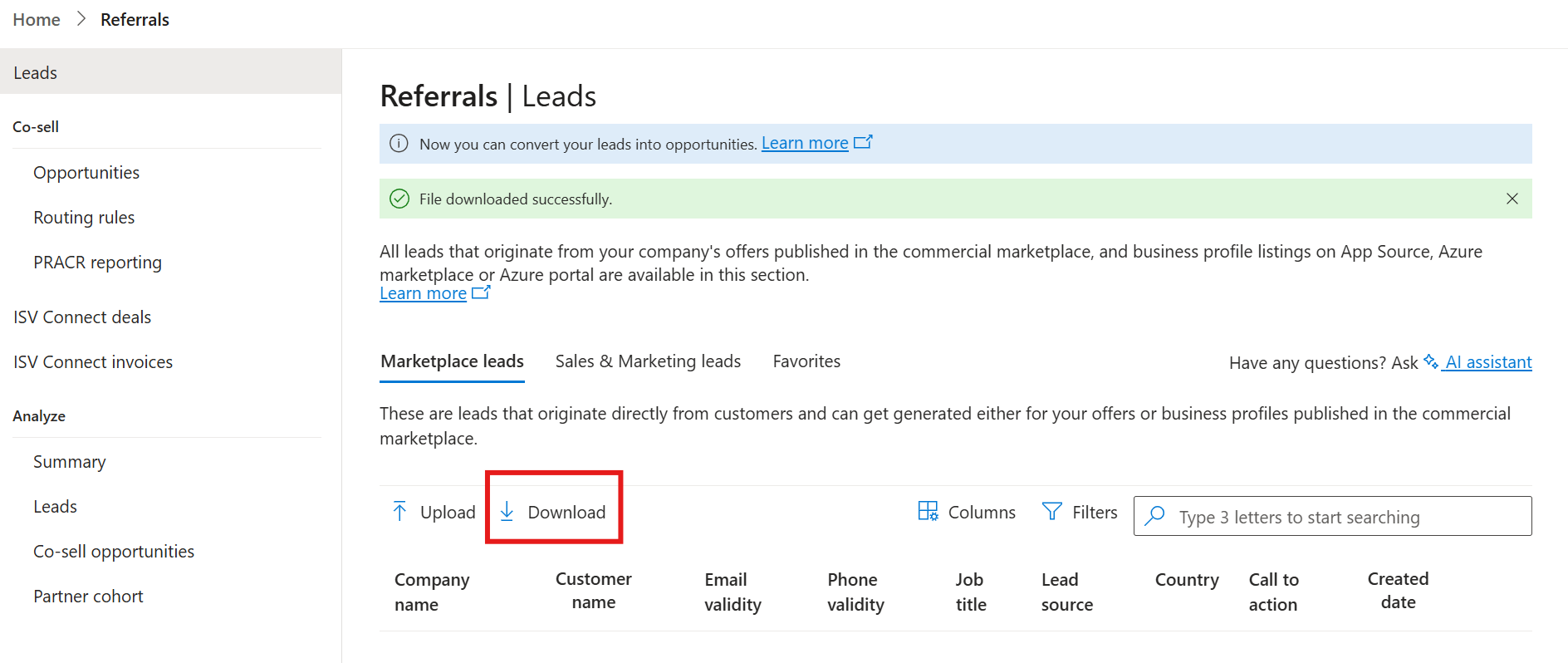 Screenshot that shows the Leads page in Partner Center with the Export button highlighted.