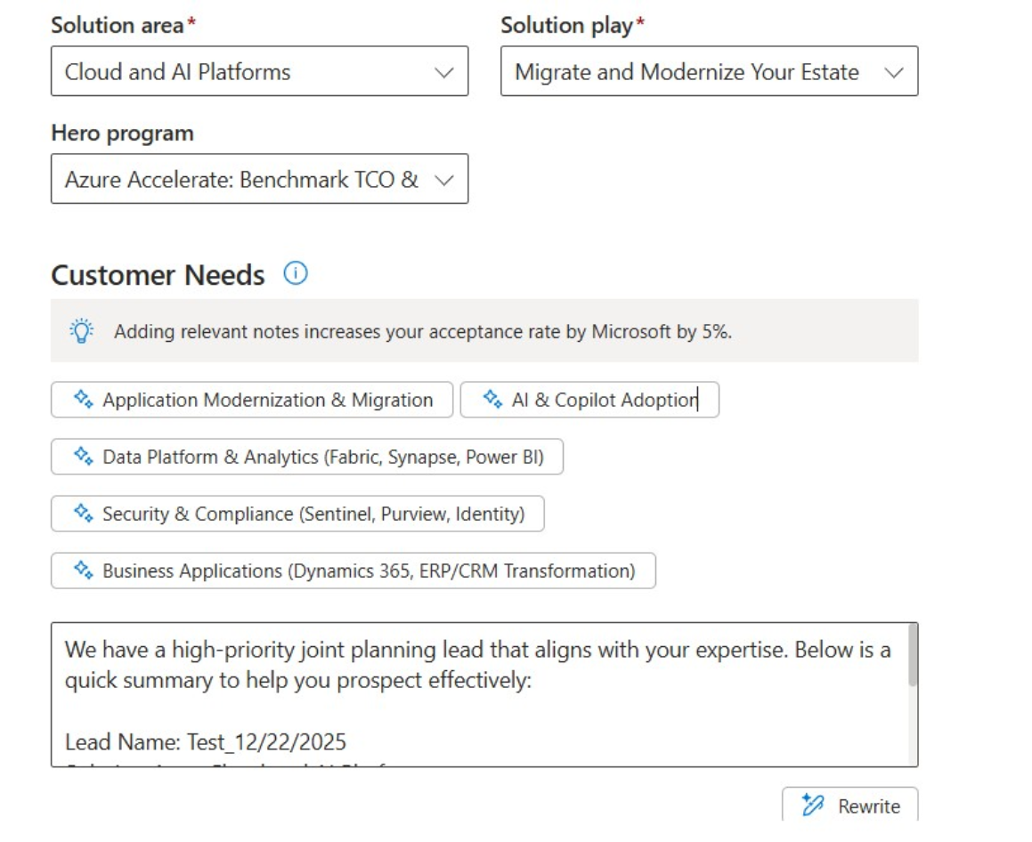 Screenshot that shows the Customer Needs page in Partner Center.