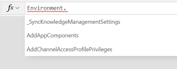 Screenshot of using the Power Fx Environment object in a formula.