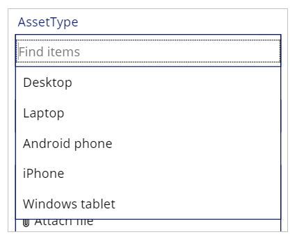 Screenshot that shows the AssetType list when you select the dropdown arrow.