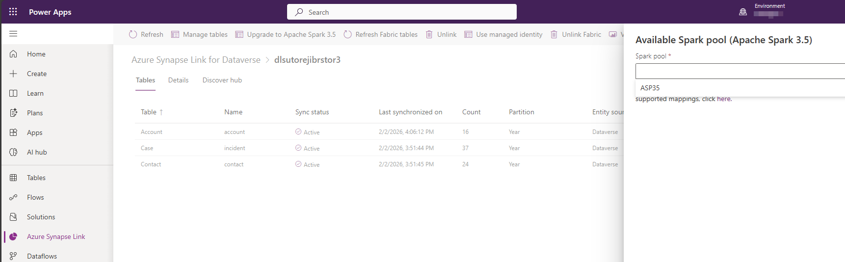 Dropdown menu showing available Apache Spark pools for upgrade.