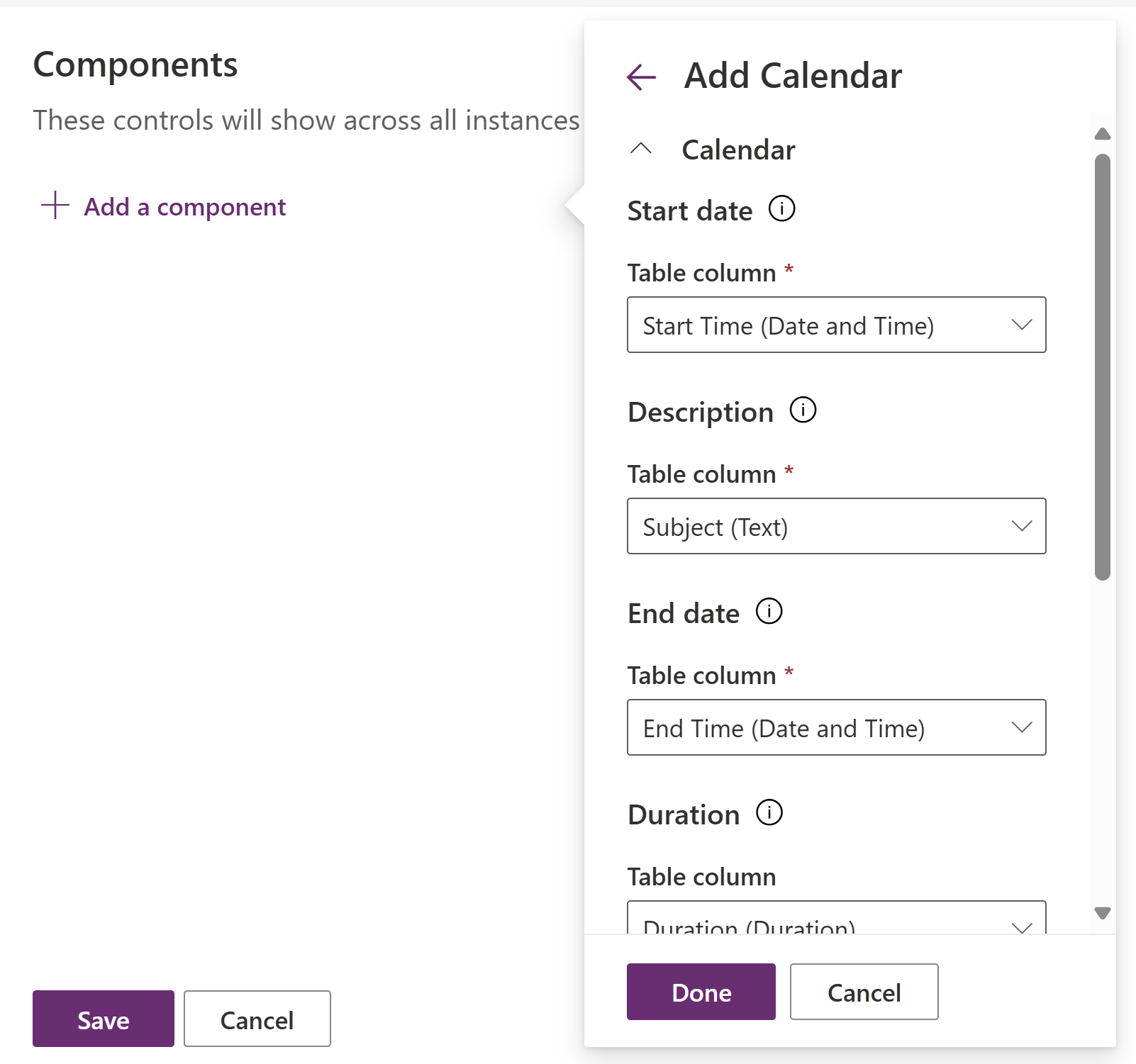 Properties for the calendar control