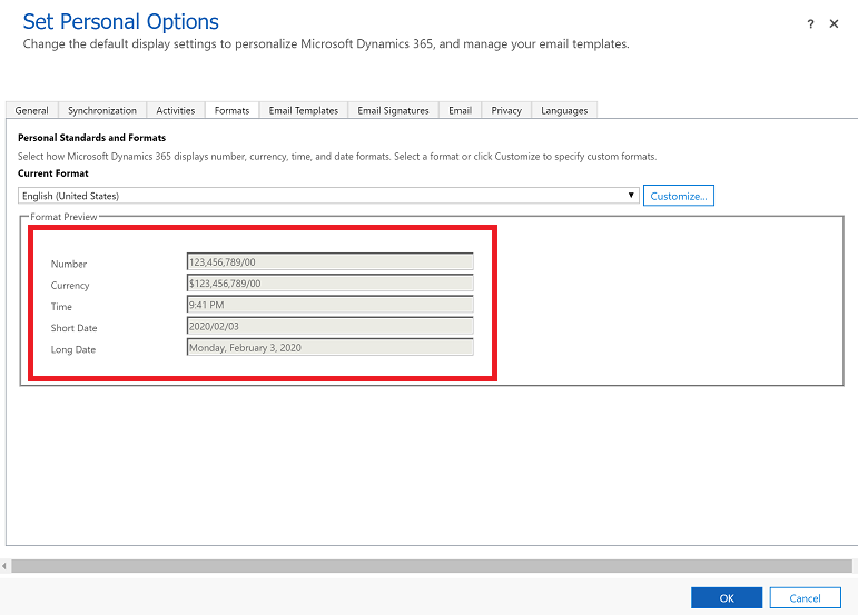 A screenshot of the Personal Options page, showing the default format settings.