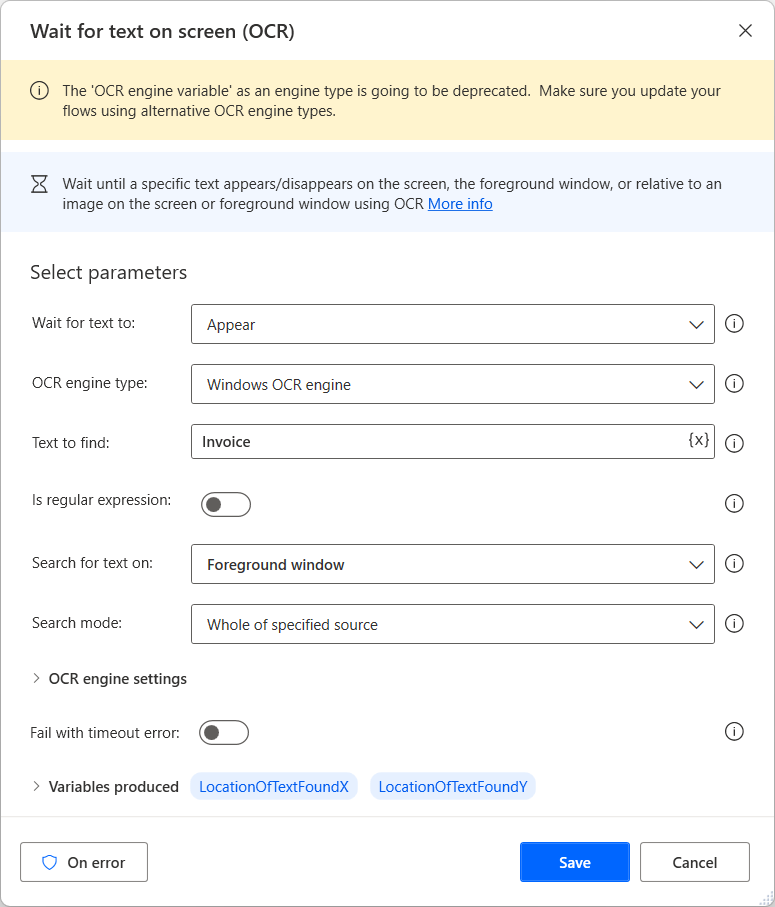 Screenshot of the Wait for text on screen action.