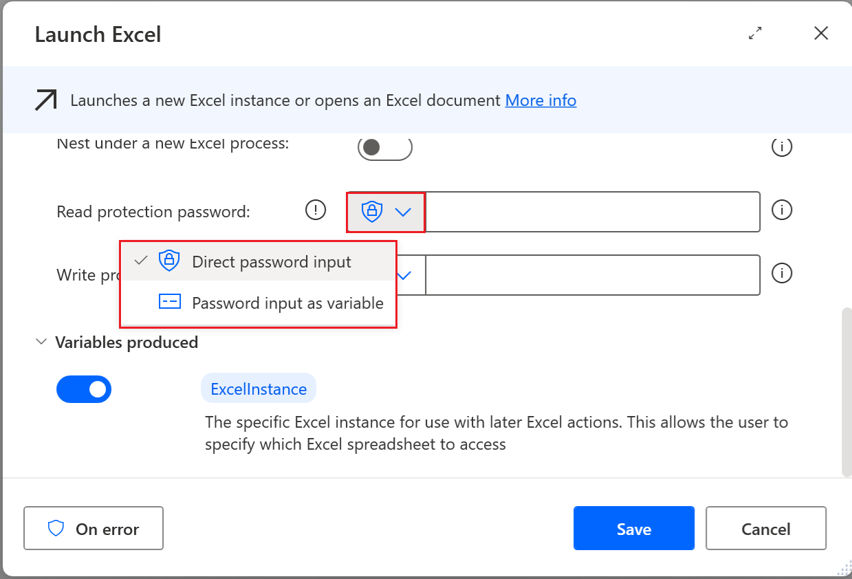 Screenshot of the available options for password input