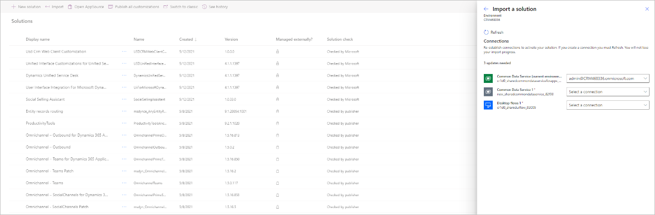 Screenshot of the connections that need to be configured to be used by the solution.