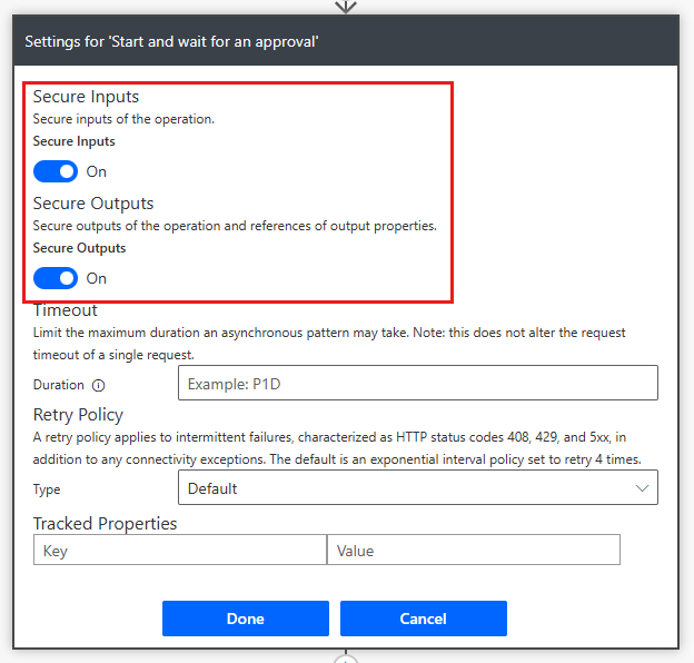 Screenshot of the Secure Inputs and Secure Outputs toggles in an action's settings in the Power Automate classic designer.