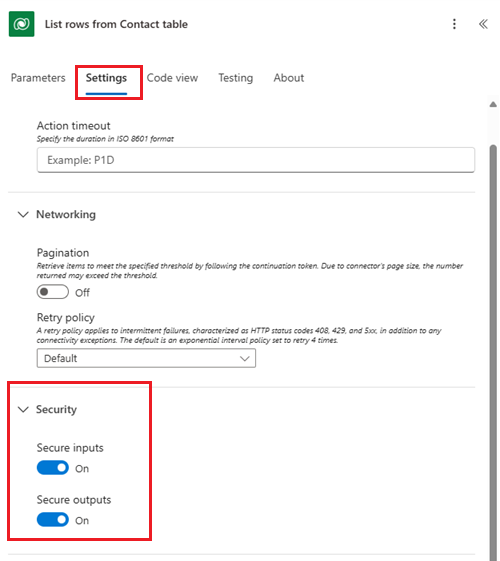 Screenshot of the Secure inputs and Secure outputs toggles in an action's settings in the Power Automate new designer.