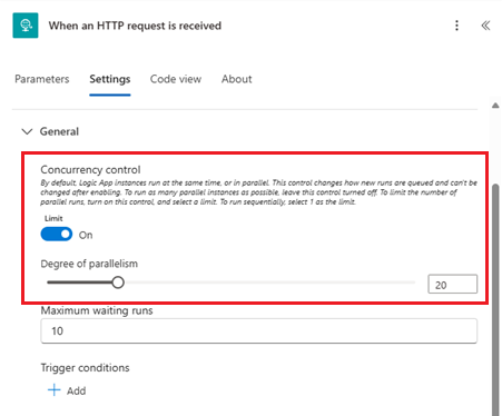 Screenshot of trigger settings in the Power Automate designer showing concurrency control turned on and the degree of parallelism set to 20.