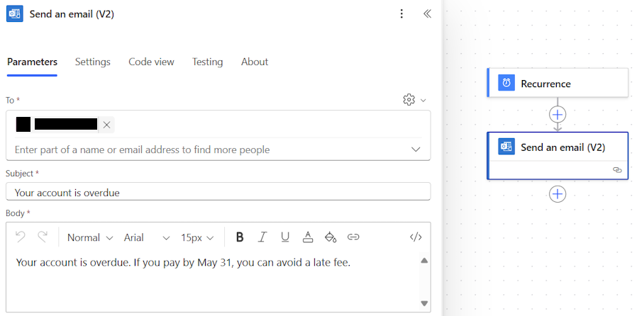 Screenshot of a cloud flow and the configuration pane in the new designer.