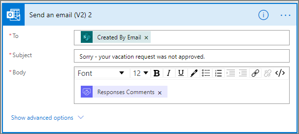 Screenshot showing configuration for rejected request emails in the classic designer.