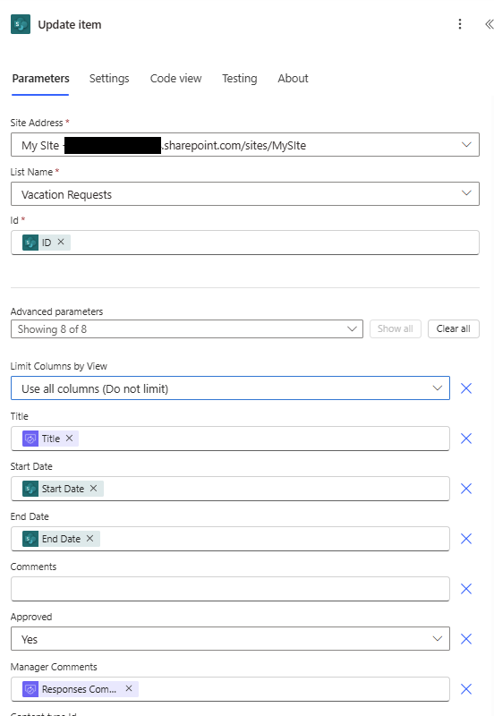 Screenshot showing update item configuration in the new designer.