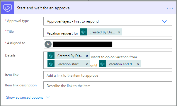 Screenshot showing how to configure the Start and wait for an approval card in the classic designer.
