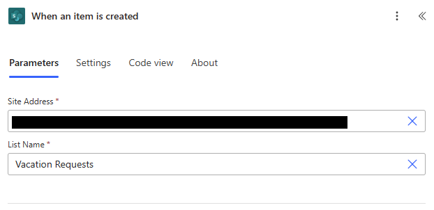 Screenshot showing SharePoint site information selection in the new designer.
