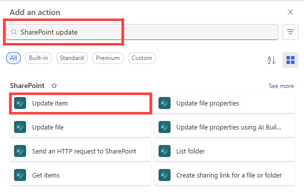 Screenshot showing how to select the SharePoint update item action if true in the new designer.