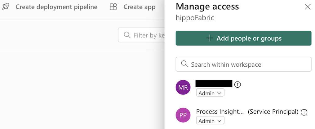Screenshot of the Fabric workspace settings with sharing to Process Insights service principal.