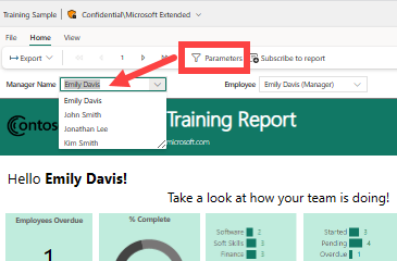Screenshot showing the Power BI service with two parameters for Manager name and Employee.