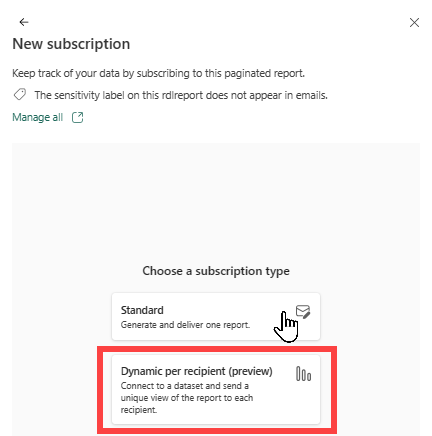 Screenshot showing the New subscriptions screen with the Dynamic per recipient option in the Power BI service.