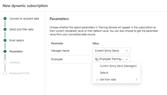 Screenshot showing dynamic parameter options on the Parameters window in the Power BI service.