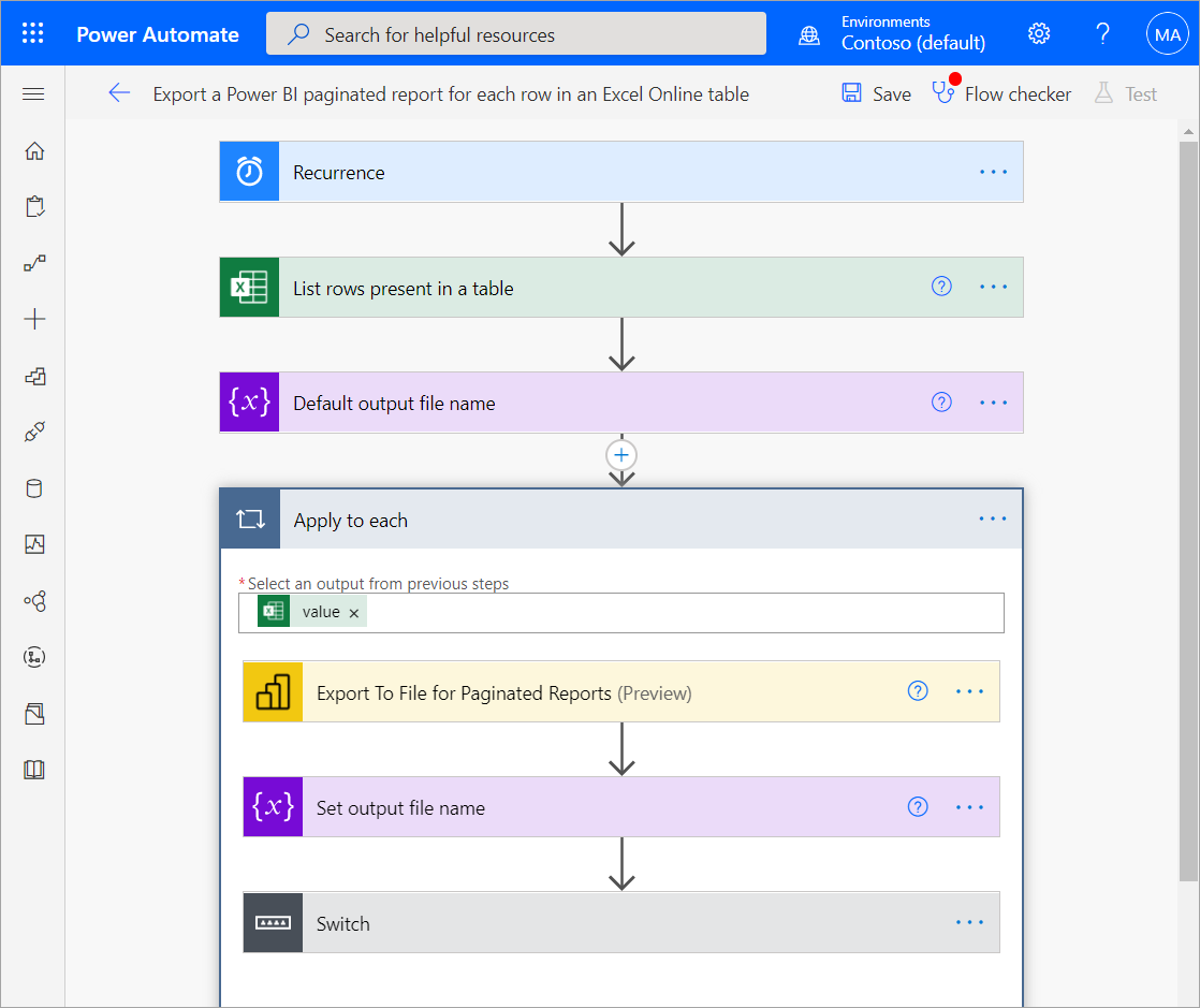 Screenshot showing the process to export a paginated report using an Excel Online table.