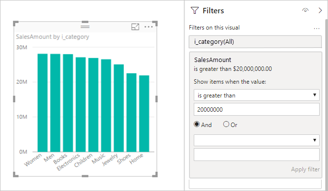 Screenshot of a Power BI visual with a measure filter applied to illustrate added query overhead.