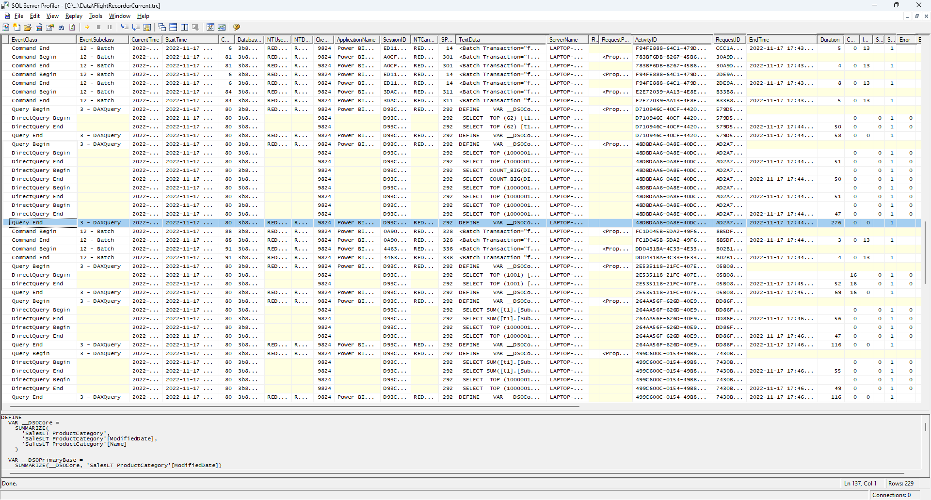 Screenshot of SQL Server Profiler window with no highlighted traces.