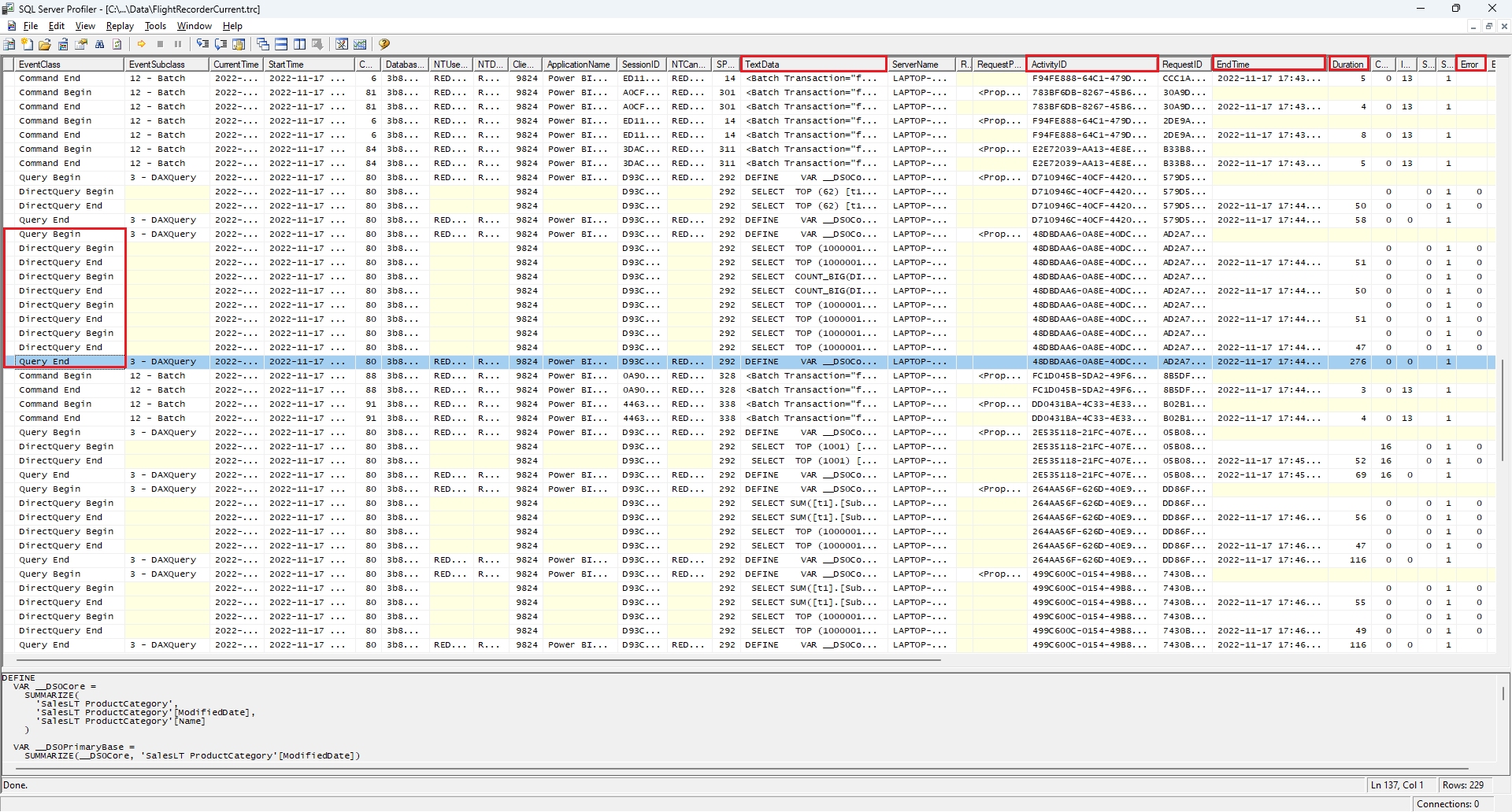 Screenshot of SQL Server Profiler with highlighted Query Begin and Query End events.