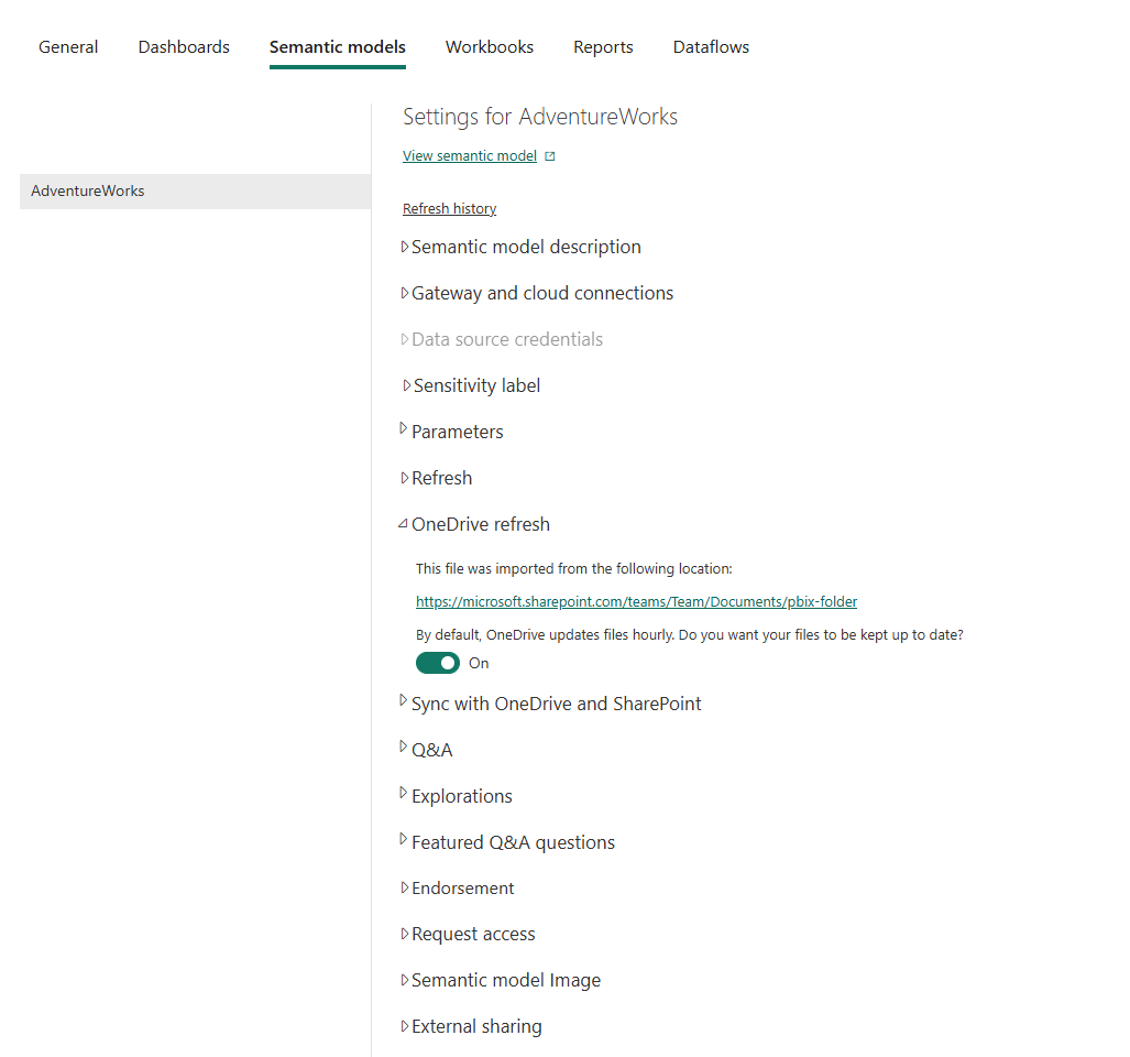 Screenshot of Semantic Model settings showing the OneDrive Refresh section open.